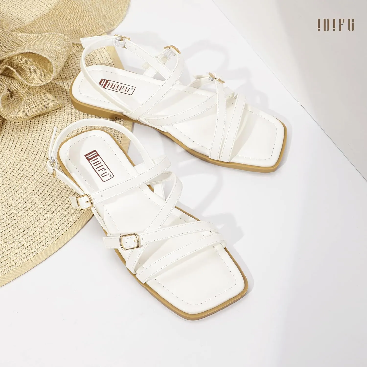 IDIFU Women's Strappy Sandals Square Open Toe Flats Sandals Gladiator Slingback Ankle Strap with Back Strap Summer Wedding Prom Work Party Comfortable Trendy Fashion Casual Dress Shoes