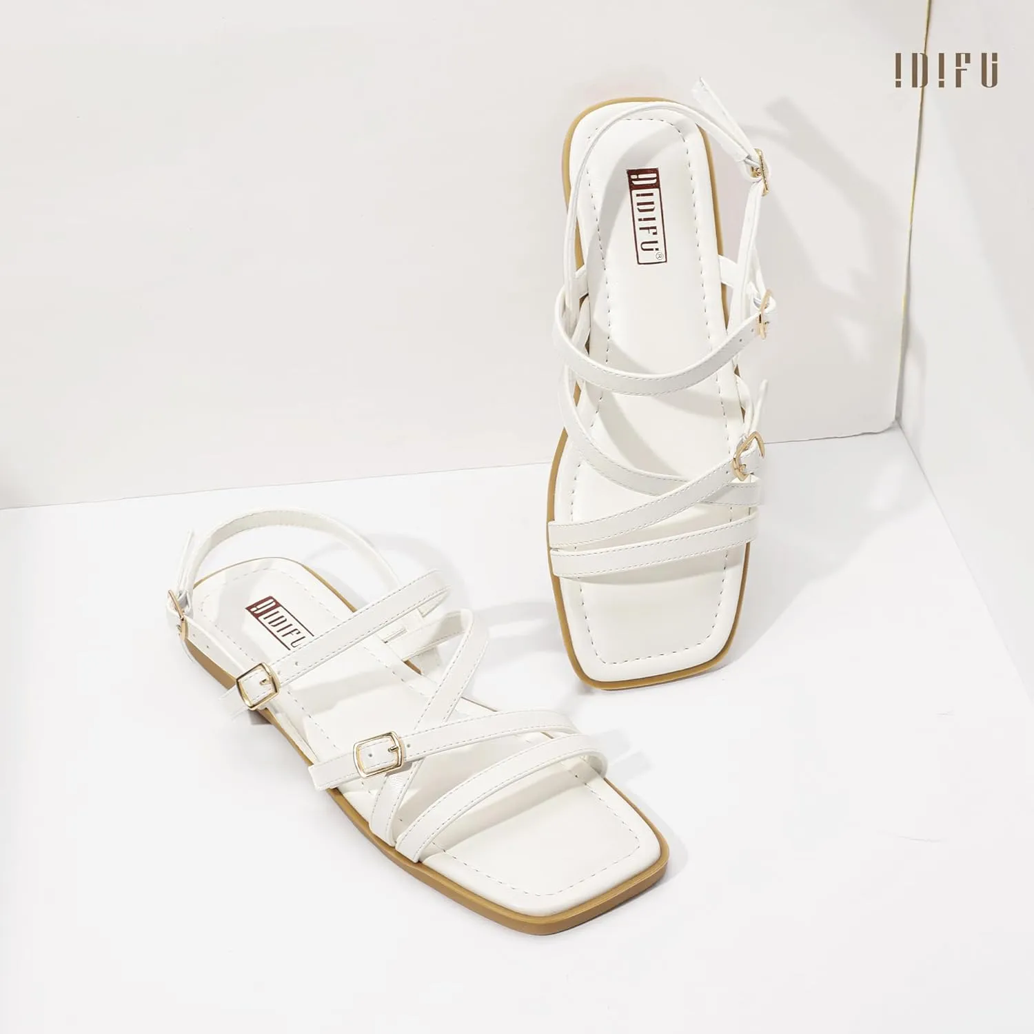 IDIFU Women's Strappy Sandals Square Open Toe Flats Sandals Gladiator Slingback Ankle Strap with Back Strap Summer Wedding Prom Work Party Comfortable Trendy Fashion Casual Dress Shoes