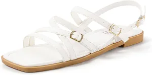 IDIFU Women's Strappy Sandals Square Open Toe Flats Sandals Gladiator Slingback Ankle Strap with Back Strap Summer Wedding Prom Work Party Comfortable Trendy Fashion Casual Dress Shoes