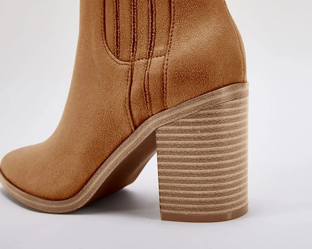Imily Bela Womens Ankle Boots Pointed Toe Chunky Stacked Mid Heeled Faux Suede Leather Booties
