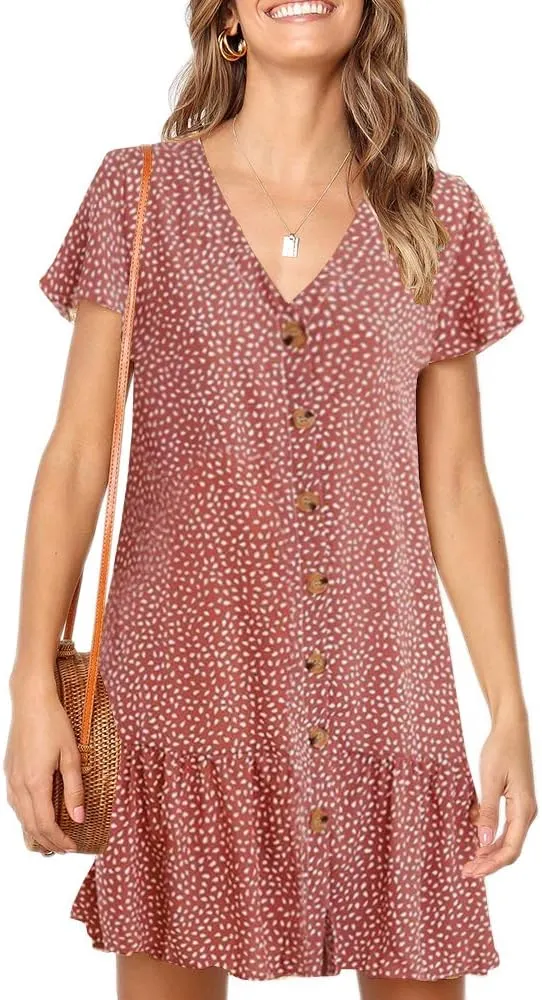 Imysty Womens Polka Dot V Neck Button Down Ruffles Loose Mini Short T-Shirt Dress