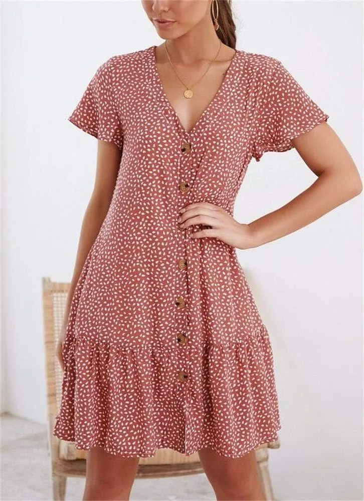 Imysty Womens Polka Dot V Neck Button Down Ruffles Loose Mini Short T-Shirt Dress