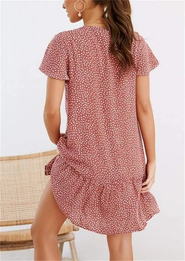 Imysty Womens Polka Dot V Neck Button Down Ruffles Loose Mini Short T-Shirt Dress