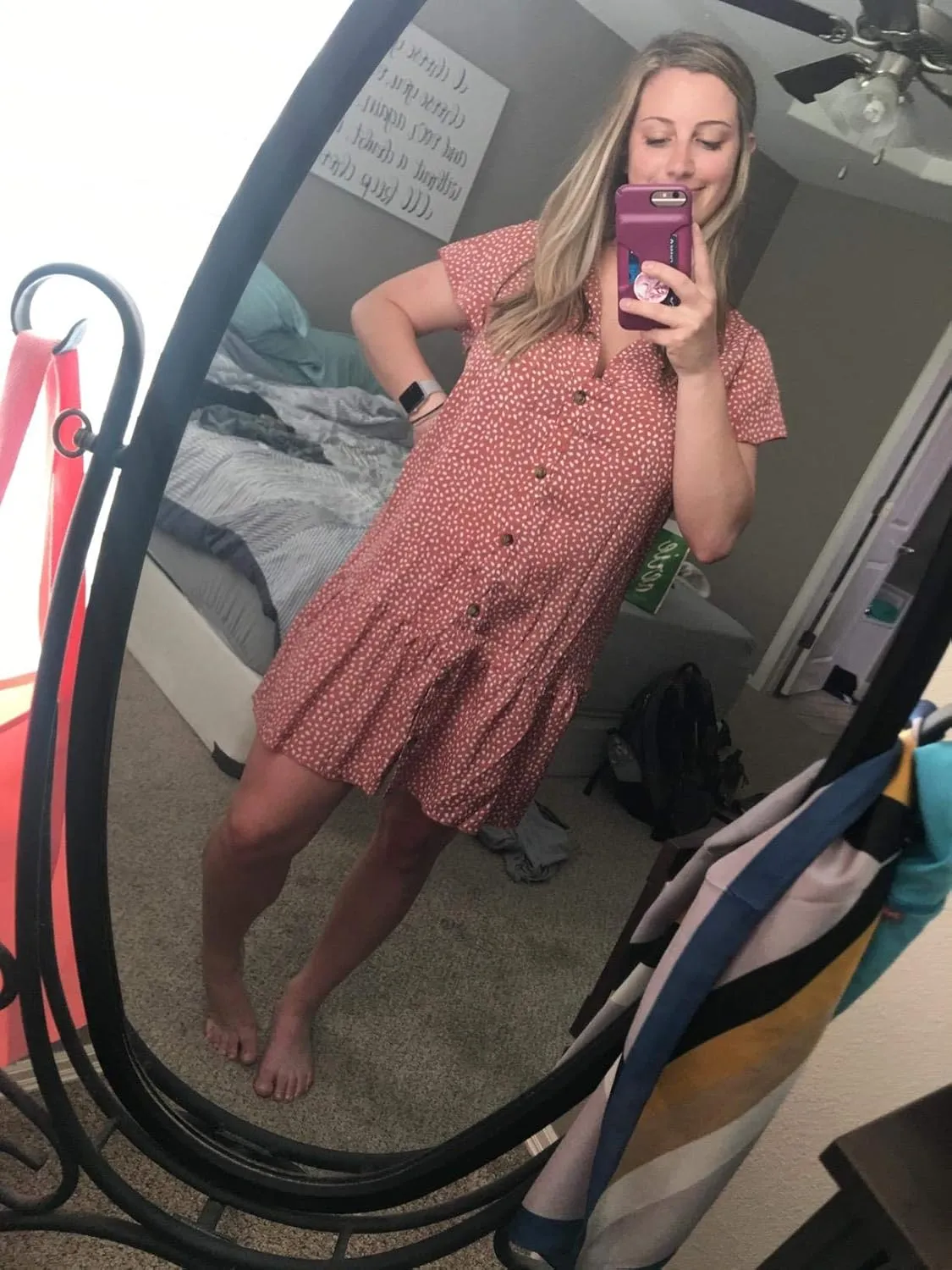 Imysty Womens Polka Dot V Neck Button Down Ruffles Loose Mini Short T-Shirt Dress