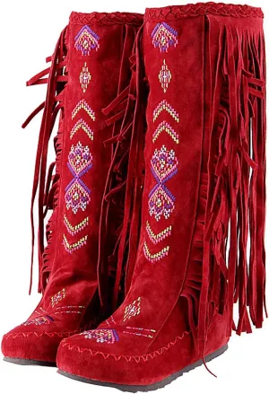 Inornever Knee High Boots for Women Moccasins Embroidered Fringe Booties Cowboy Winter Comfortable Warm Vintage Flat Heel Cowgirl Western Suede Long Snow Tassel Boots