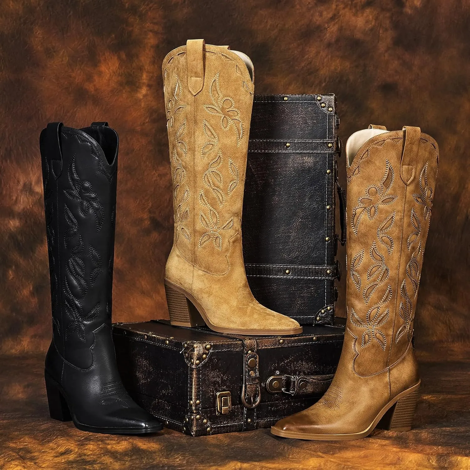 ISNOM Knee High Cowboy Cowgirl Boots for Women, Western Boots with Pull On Tab, Chunky Heel Design, Unique and Stylish