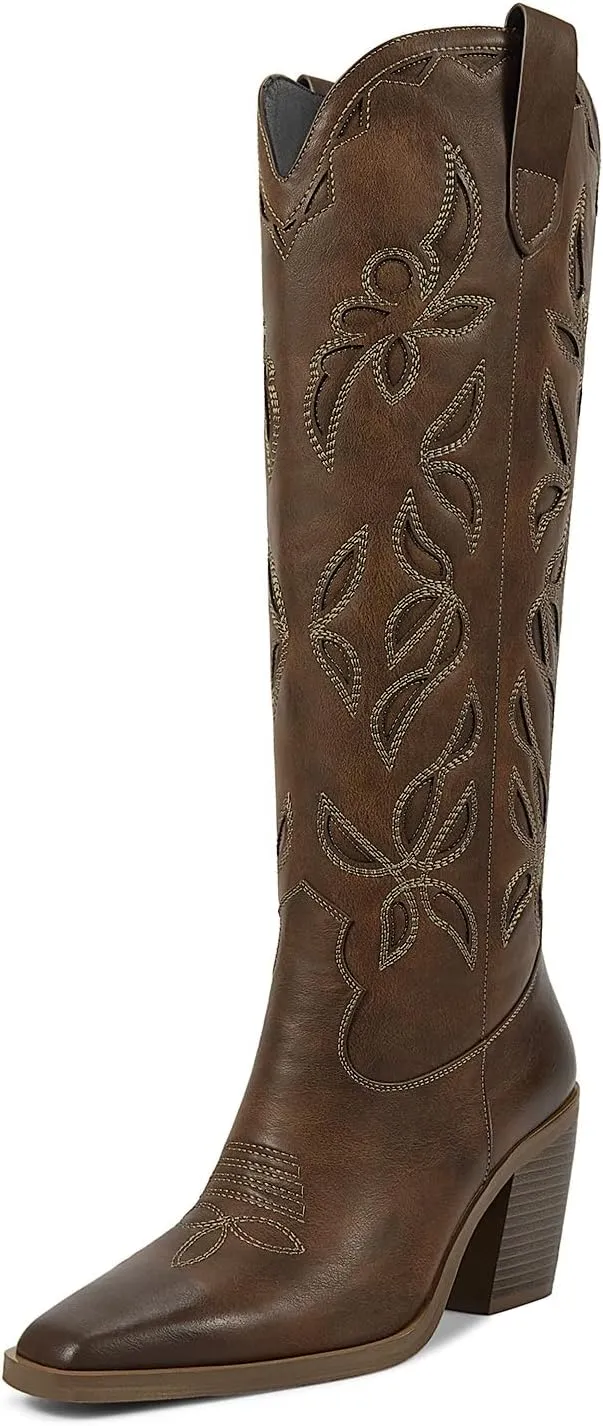 ISNOM Knee High Cowboy Cowgirl Boots for Women, Western Boots with Pull On Tab, Chunky Heel Design, Unique and Stylish