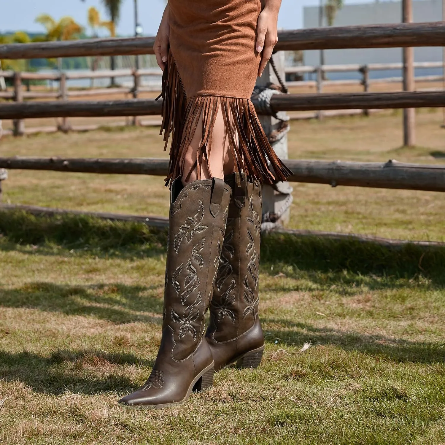ISNOM Knee High Cowboy Cowgirl Boots for Women, Western Boots with Pull On Tab, Chunky Heel Design, Unique and Stylish