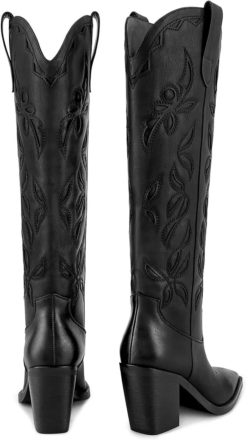 ISNOM Knee High Cowboy Cowgirl Boots for Women, Western Boots with Pull On Tab, Chunky Heel Design, Unique and Stylish