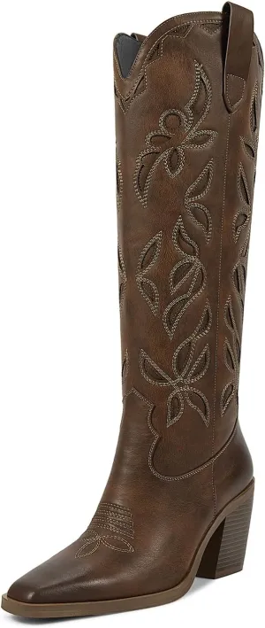 ISNOM Knee High Cowboy Cowgirl Boots for Women, Western Boots with Pull On Tab, Chunky Heel Design, Unique and Stylish