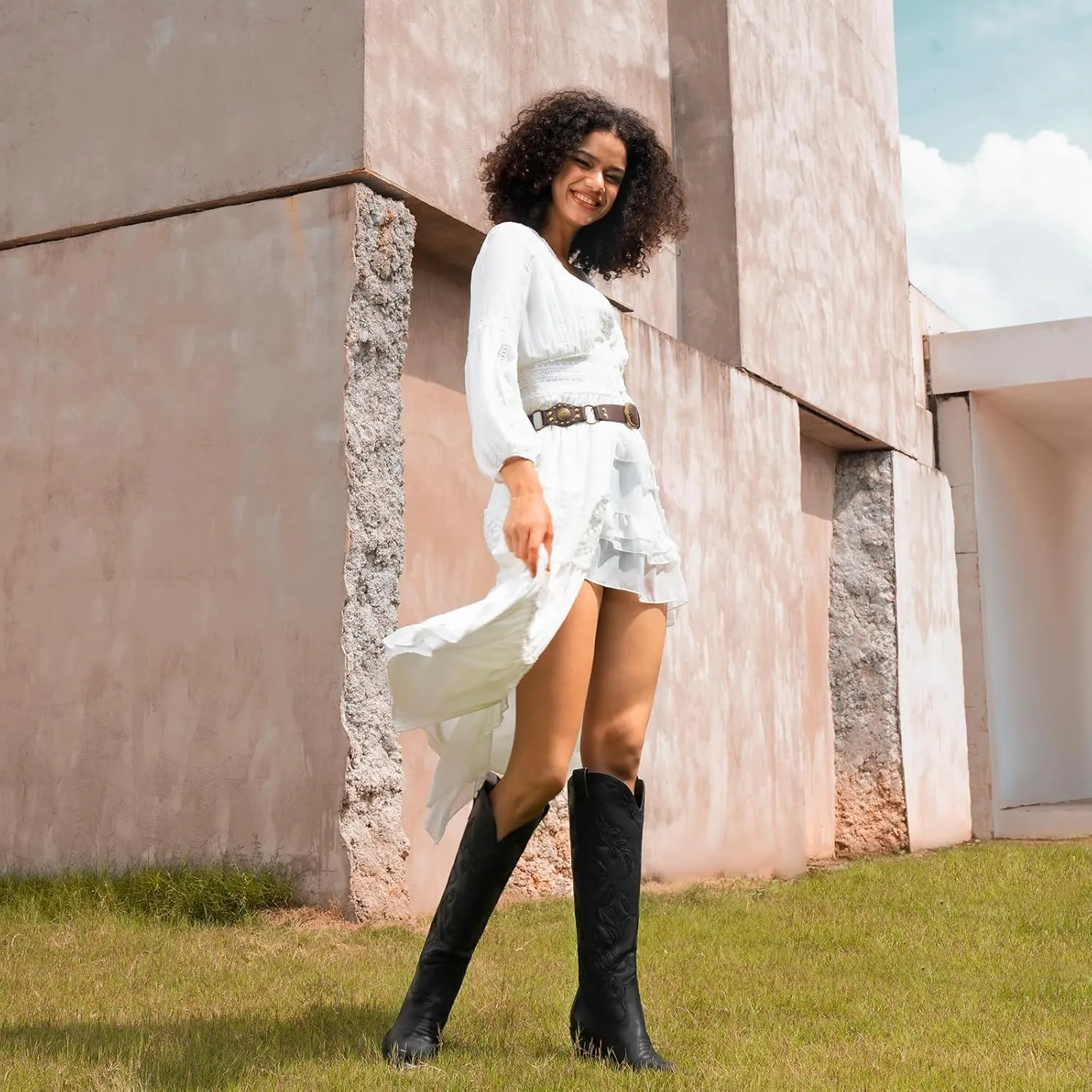 ISNOM Knee High Cowboy Cowgirl Boots for Women, Western Boots with Pull On Tab, Chunky Heel Design, Unique and Stylish