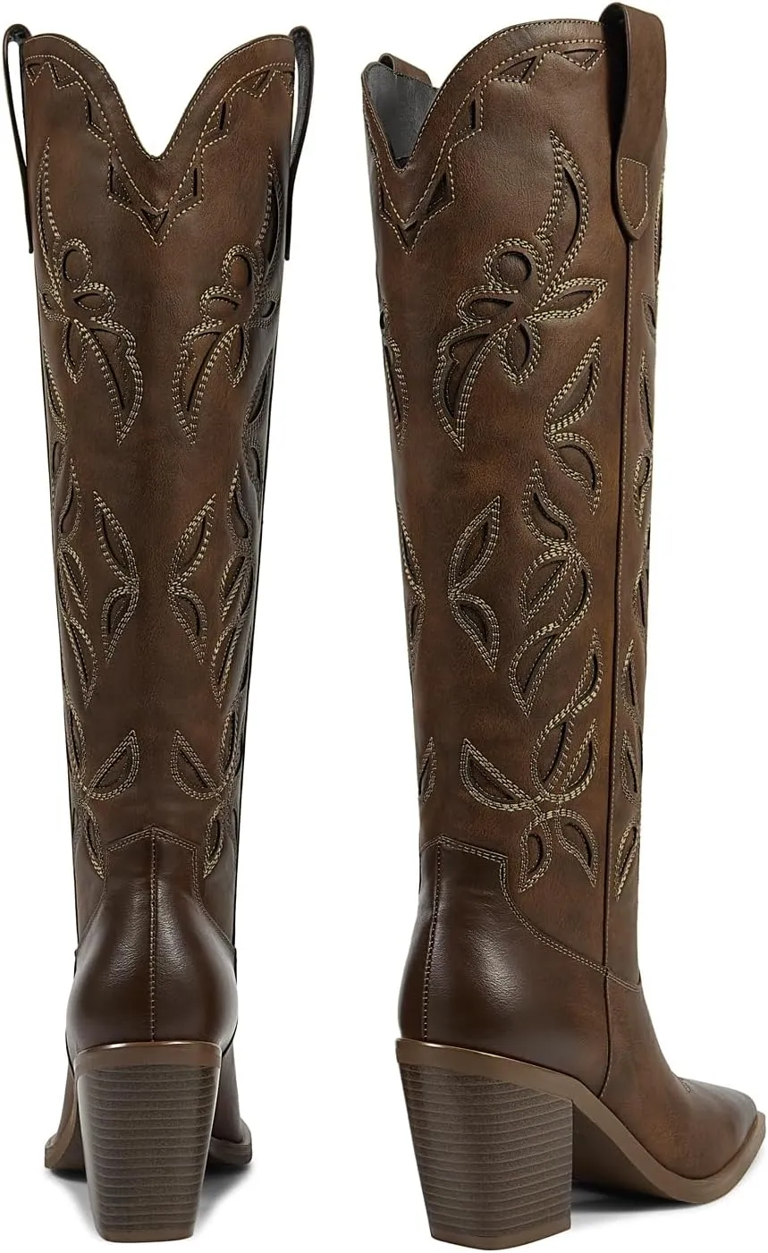 ISNOM Knee High Cowboy Cowgirl Boots for Women, Western Boots with Pull On Tab, Chunky Heel Design, Unique and Stylish