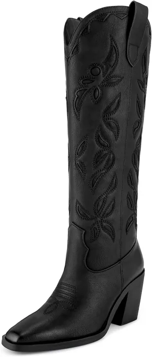 ISNOM Knee High Cowboy Cowgirl Boots for Women, Western Boots with Pull On Tab, Chunky Heel Design, Unique and Stylish