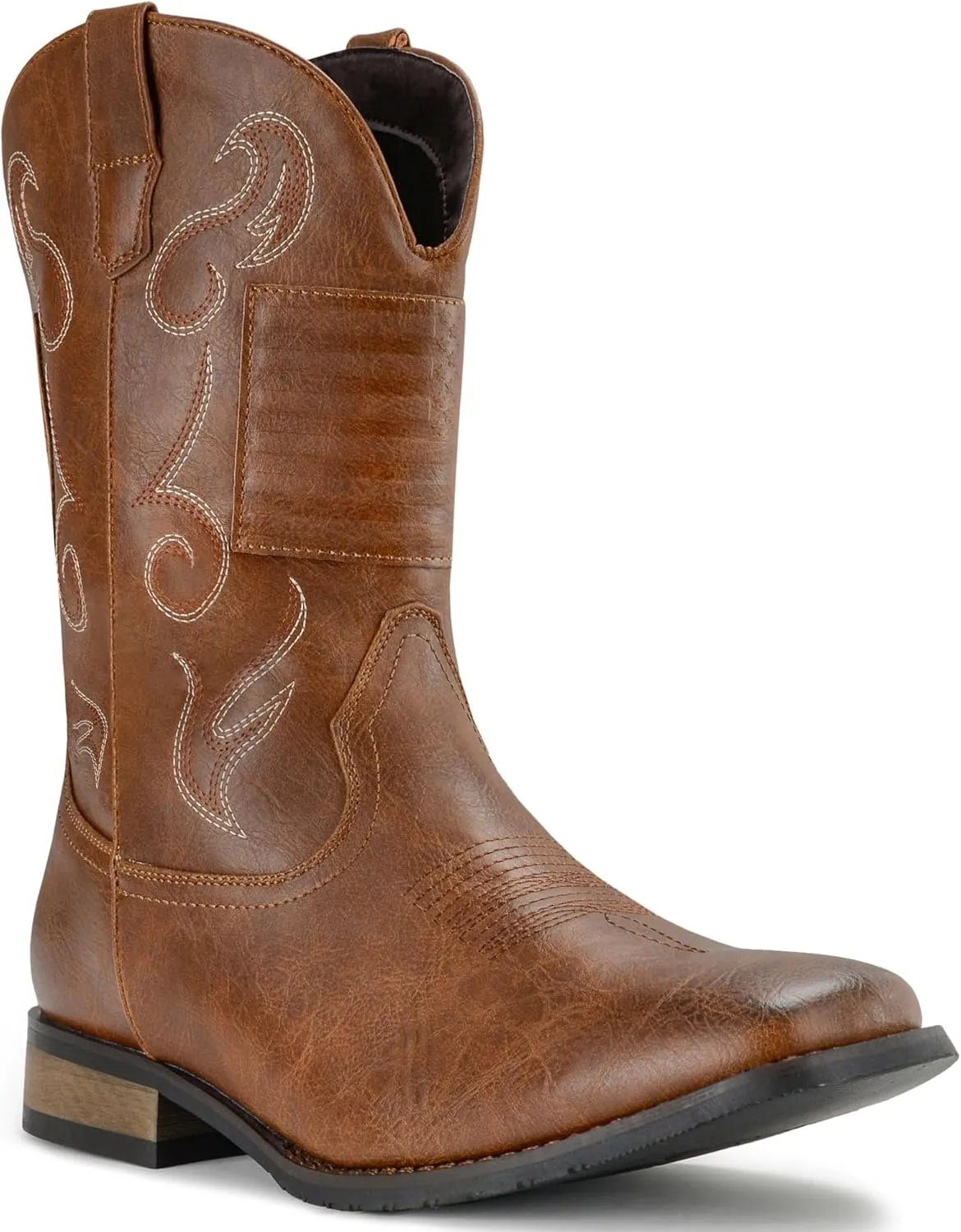 IUV Cowboy Boots For Men Western Boot Classic American Flag Embroidered Square Toe Mid-Calf Boots