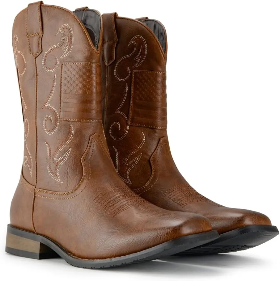IUV Cowboy Boots For Men Western Boot Classic American Flag Embroidered Square Toe Mid-Calf Boots