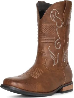 IUV Cowboy Boots For Men Western Boot Classic American Flag Embroidered Square Toe Mid-Calf Boots