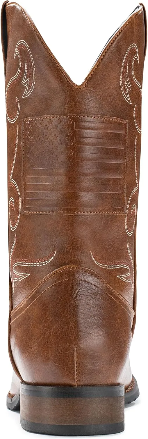 IUV Cowboy Boots For Men Western Boot Classic American Flag Embroidered Square Toe Mid-Calf Boots