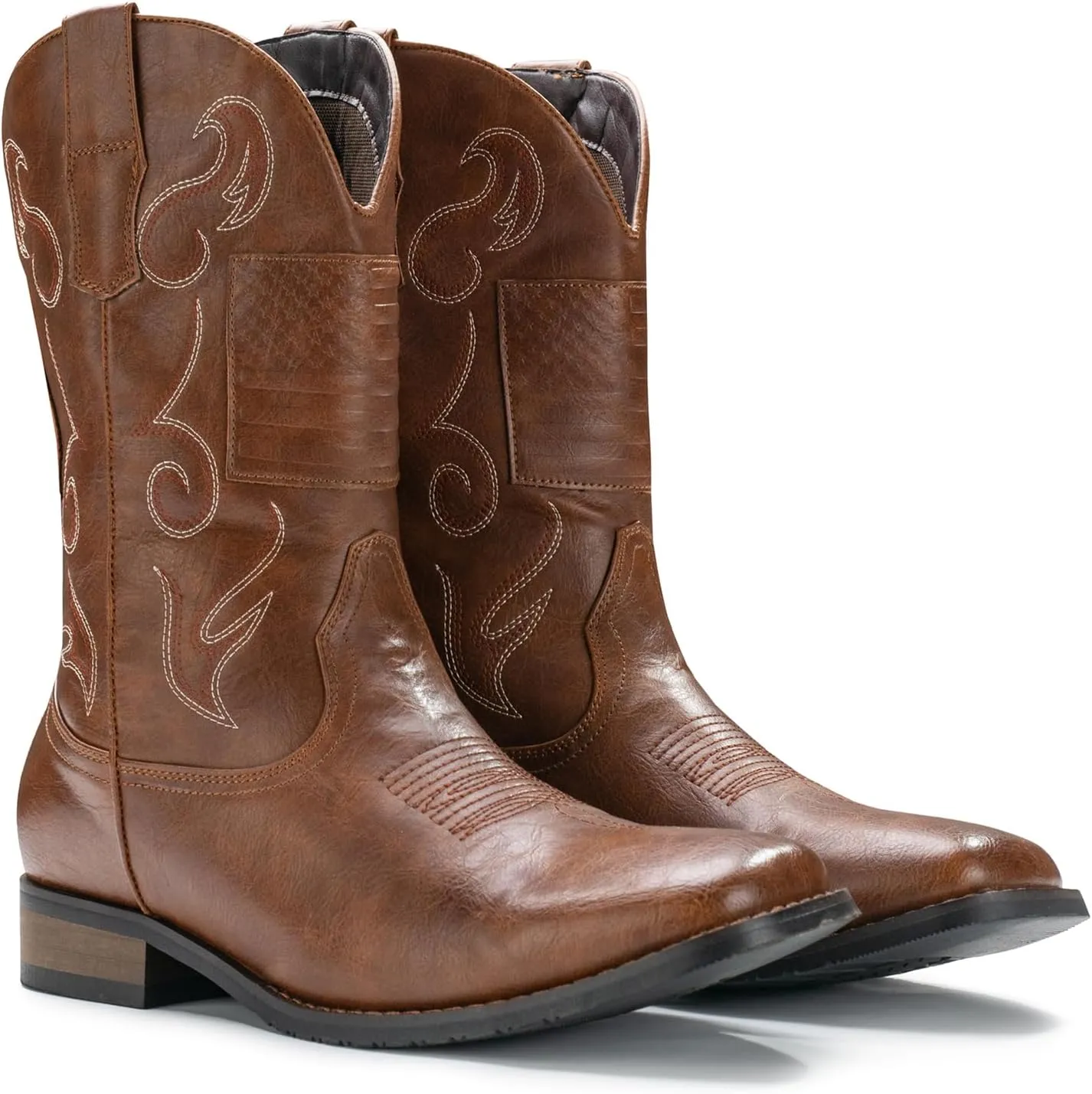 IUV Cowboy Boots For Men Western Boot Classic American Flag Embroidered Square Toe Mid-Calf Boots