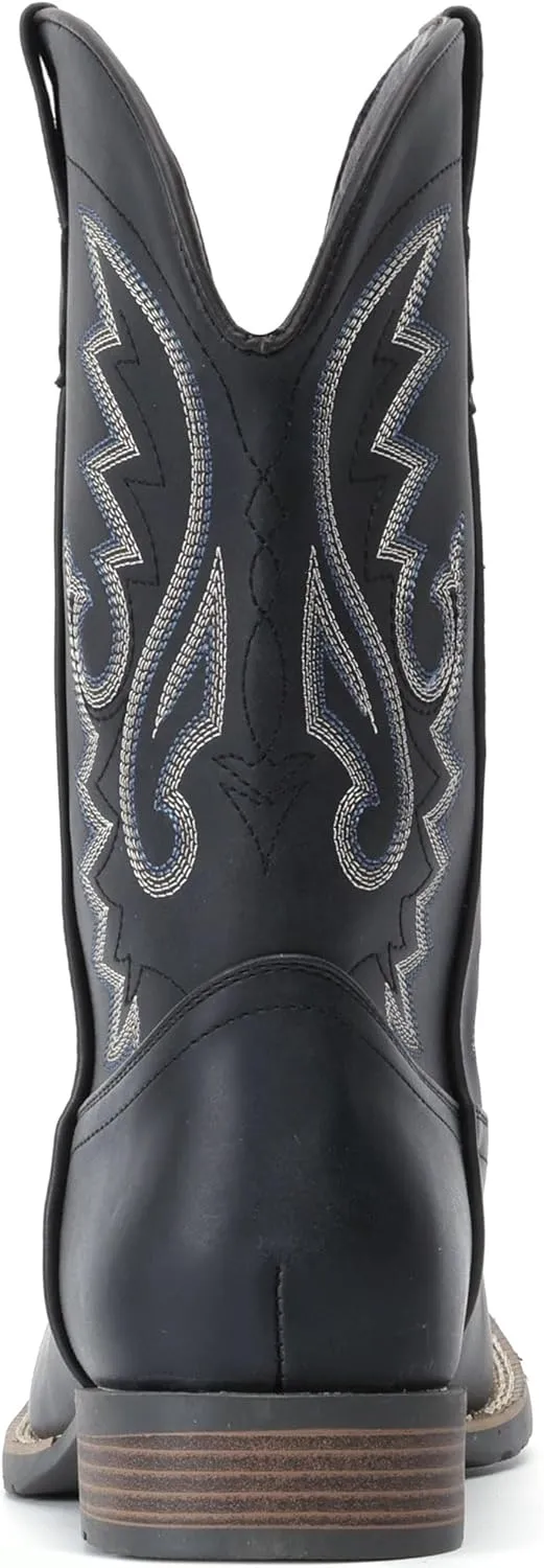 IUV Cowboy Boots For Men with Wide Square Toe Western Retro Boot Durable Classic Fashionable Embroidered Pull On Slip Resistant Boots