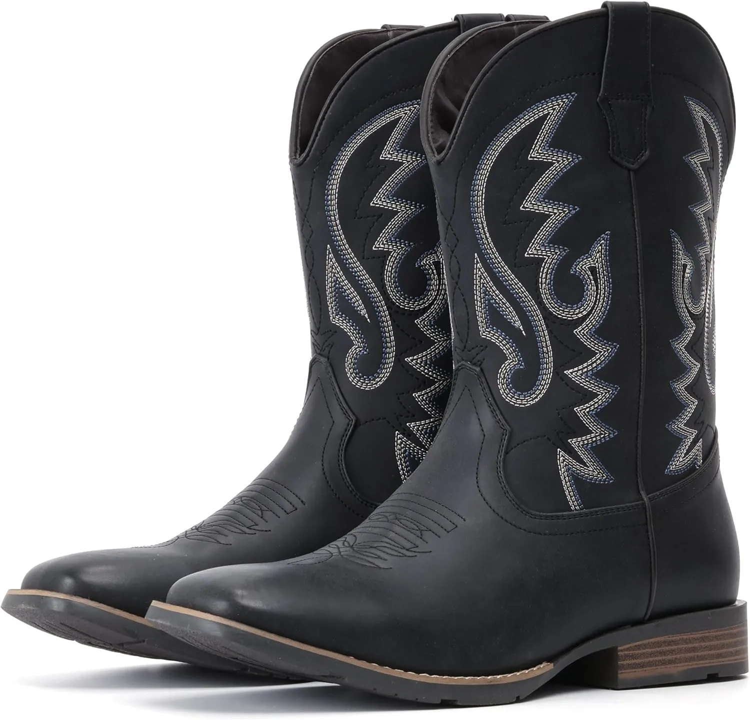 IUV Cowboy Boots For Men with Wide Square Toe Western Retro Boot Durable Classic Fashionable Embroidered Pull On Slip Resistant Boots