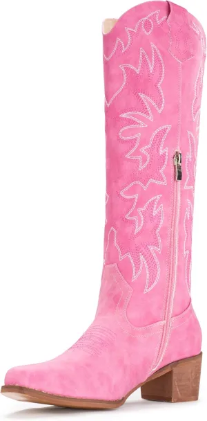 IUV Cowboy Boots For Women Knee High Western Cowgirl Boots Snip Toe Side Zipper Chunky Heel