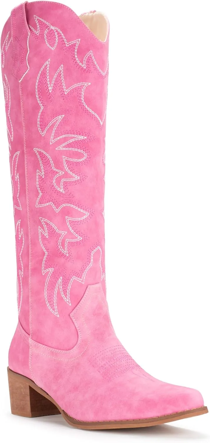 IUV Cowboy Boots For Women Knee High Western Cowgirl Boots Snip Toe Side Zipper Chunky Heel