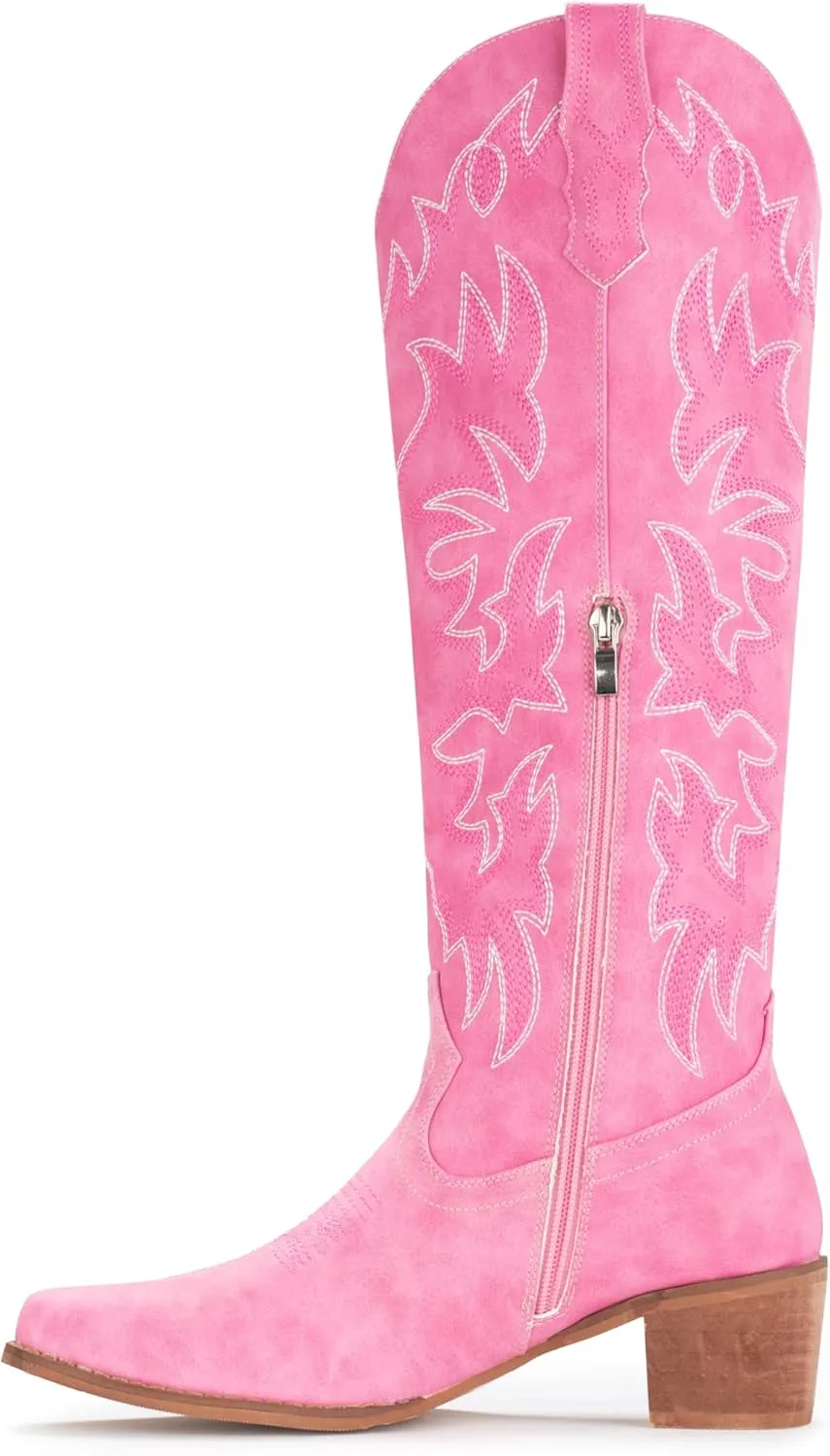 IUV Cowboy Boots For Women Knee High Western Cowgirl Boots Snip Toe Side Zipper Chunky Heel