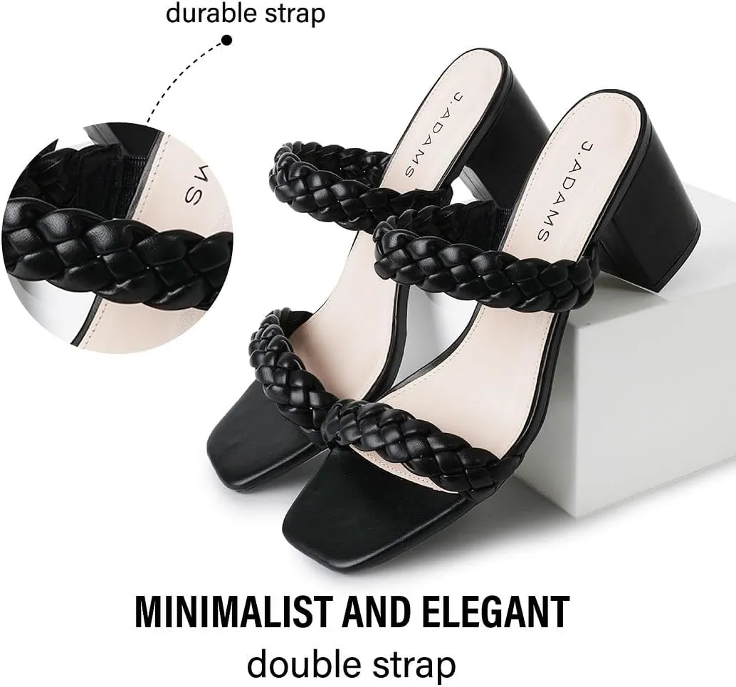 J. Adams Stormi Heeled Sandals Women Dressy Summer Flat Mules- Square Toe Double Band Low Block Heel Sandals - Chunky Sandals for Women - Summer Sandals, Womens Dress Sandals, Women's Heeled Sandals