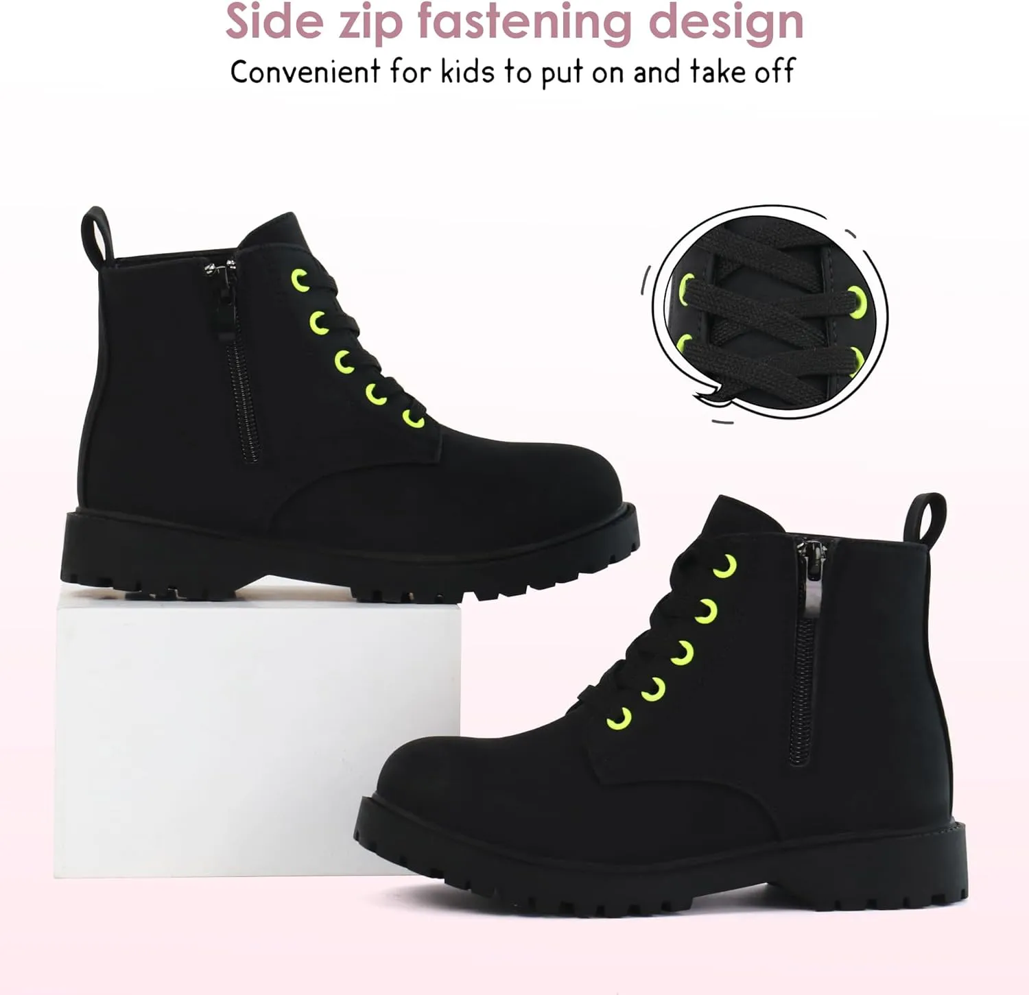JABASIC Girls Ankle Boots Side Zipper Lace Up Work Boot Combat Booties for Little/Big Kids