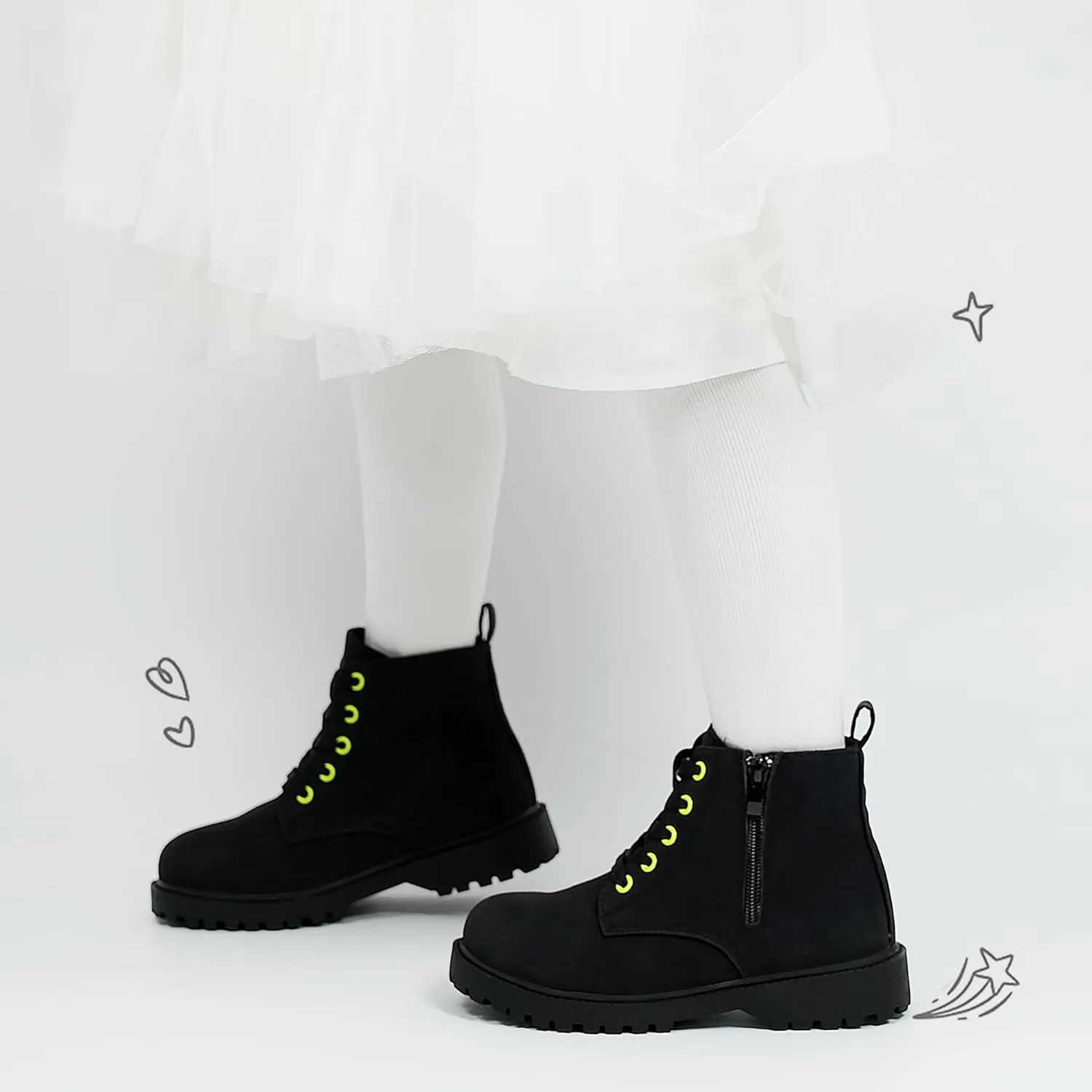 JABASIC Girls Ankle Boots Side Zipper Lace Up Work Boot Combat Booties for Little/Big Kids