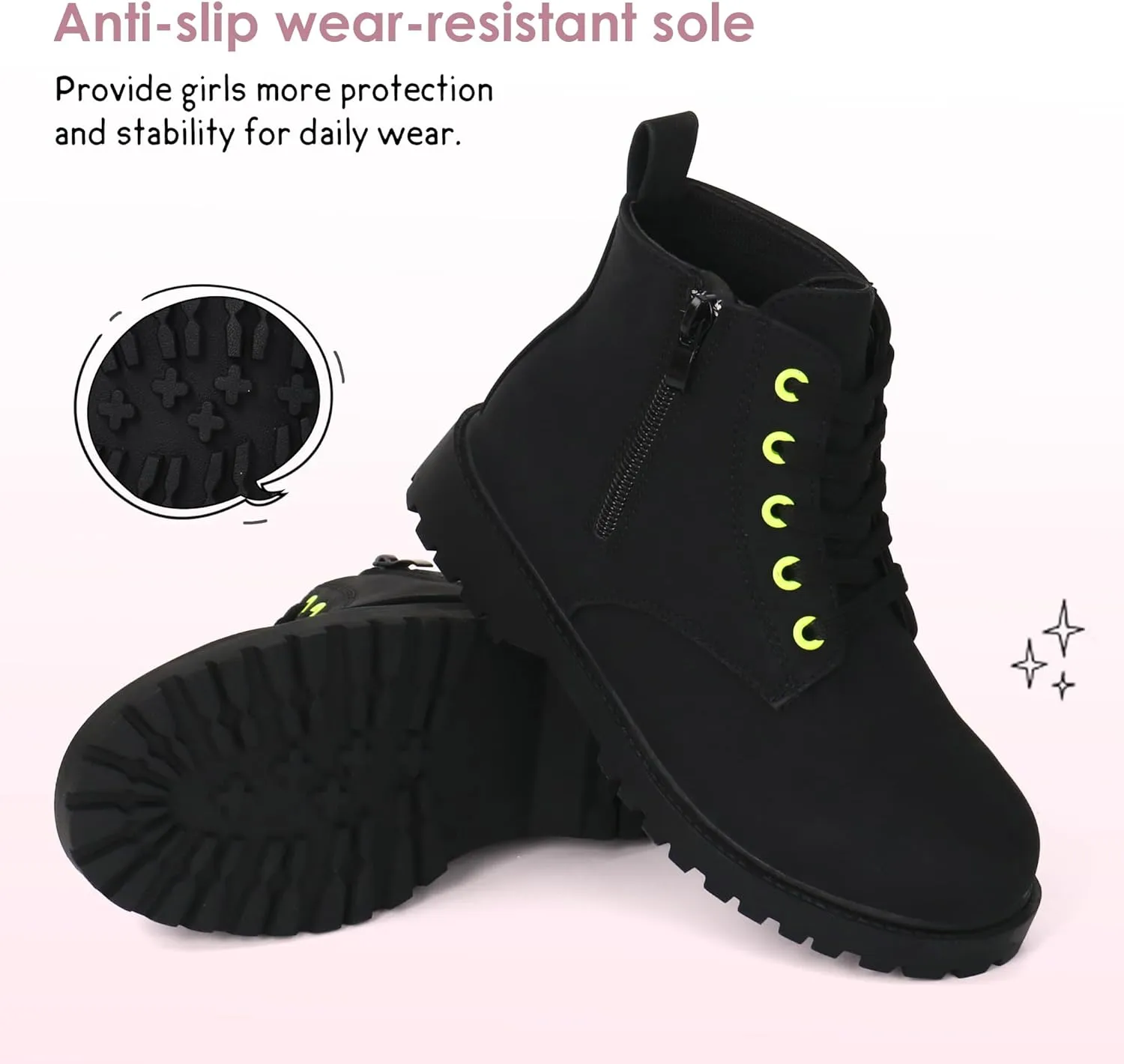 JABASIC Girls Ankle Boots Side Zipper Lace Up Work Boot Combat Booties for Little/Big Kids