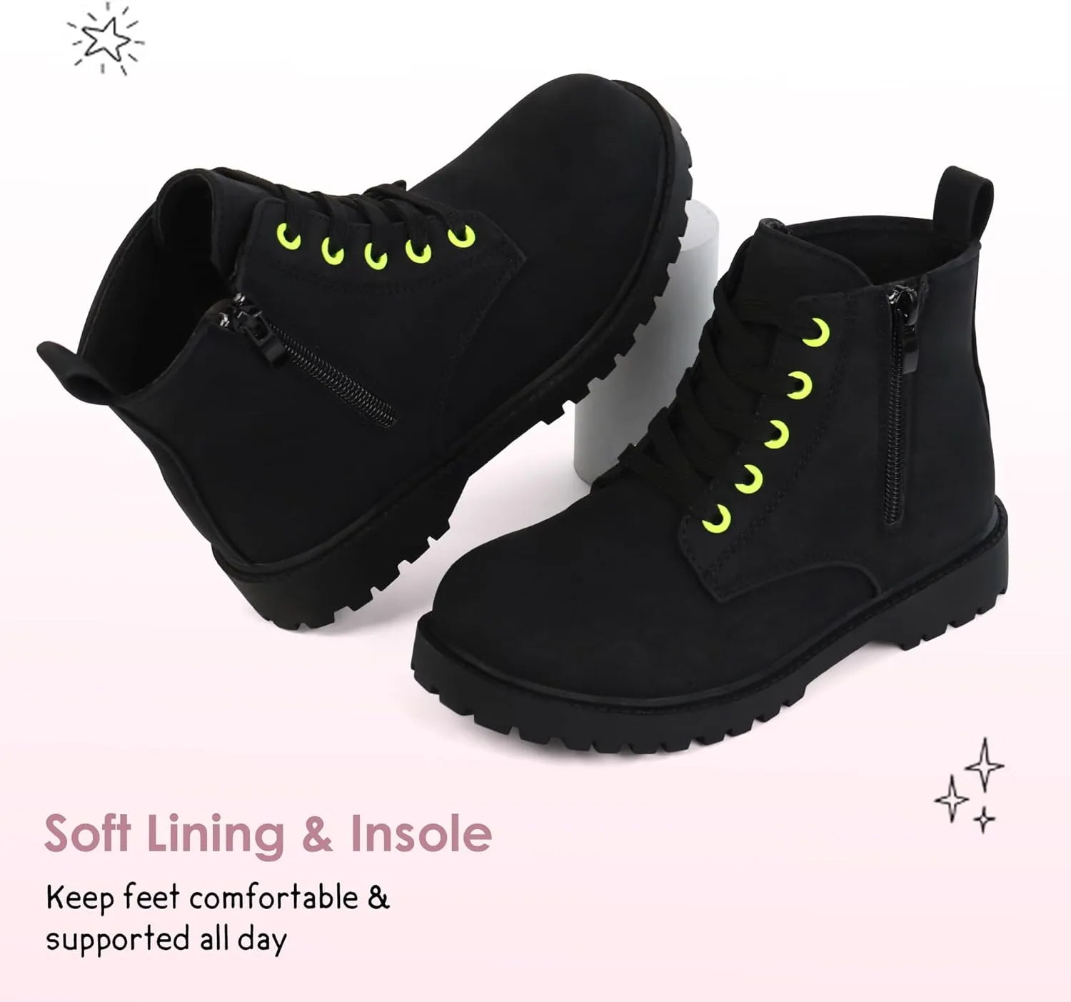 JABASIC Girls Ankle Boots Side Zipper Lace Up Work Boot Combat Booties for Little/Big Kids