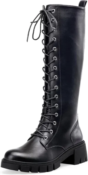 Jeossy Women's Knee High Riding Combat 9603 Boots, Tall Platform Chunky Heel Boots Wide Claf