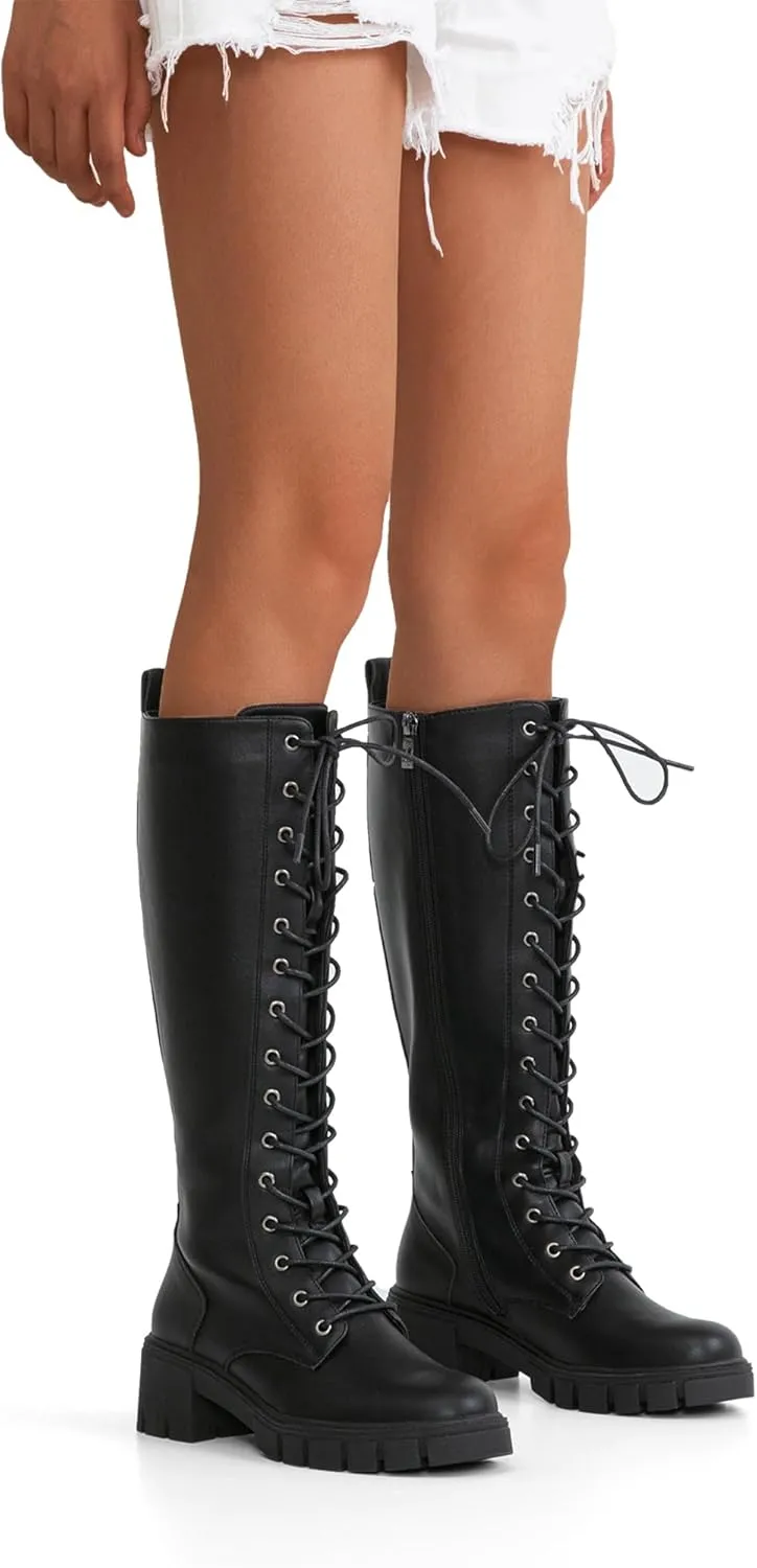 Jeossy Women's Knee High Riding Combat 9603 Boots, Tall Platform Chunky Heel Boots Wide Claf