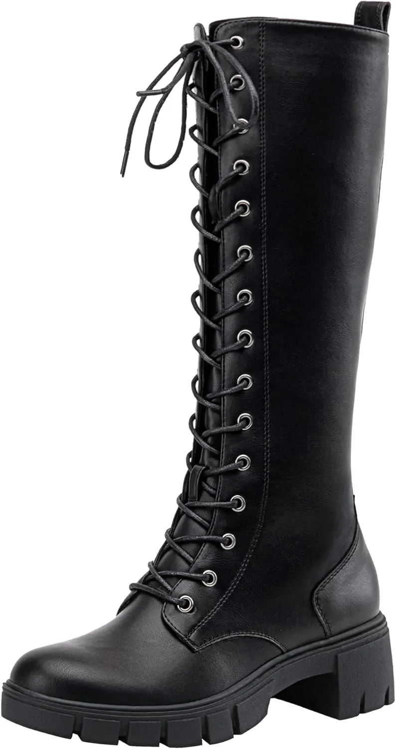 Jeossy Women's Knee High Riding Combat 9603 Boots, Tall Platform Chunky Heel Boots Wide Claf