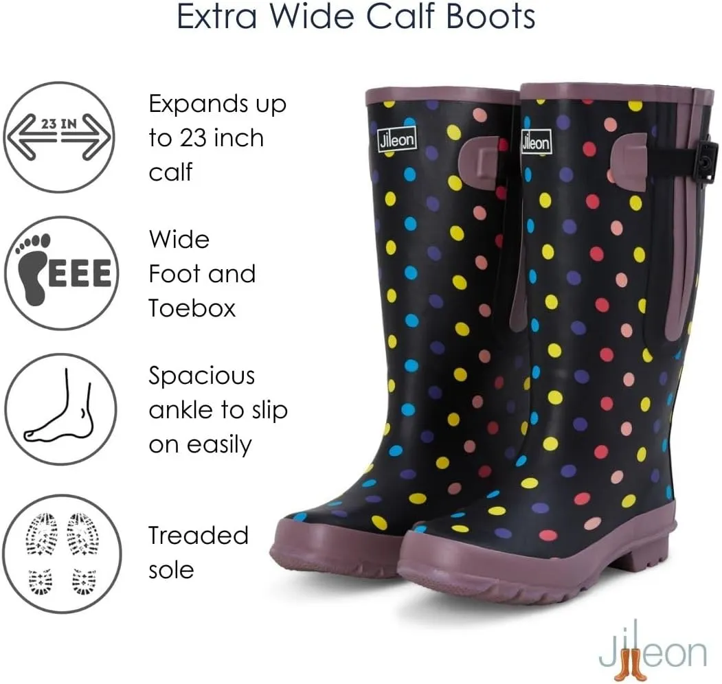 Jileon Extra Wide Calf Rain Boots - Ideal for Wide Feet, Ankles & Calves - Fit 16 to 23” Calves - Durable & Waterproof