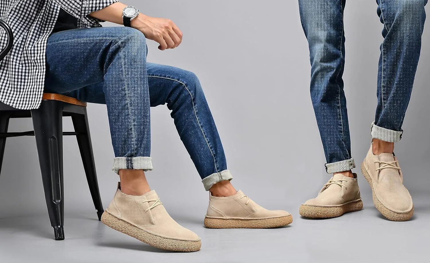 JIONS Mens Ankle Desert Chukka Boots Lace Up Suede Leather Shoes Round Toe Platform Deck Boots
