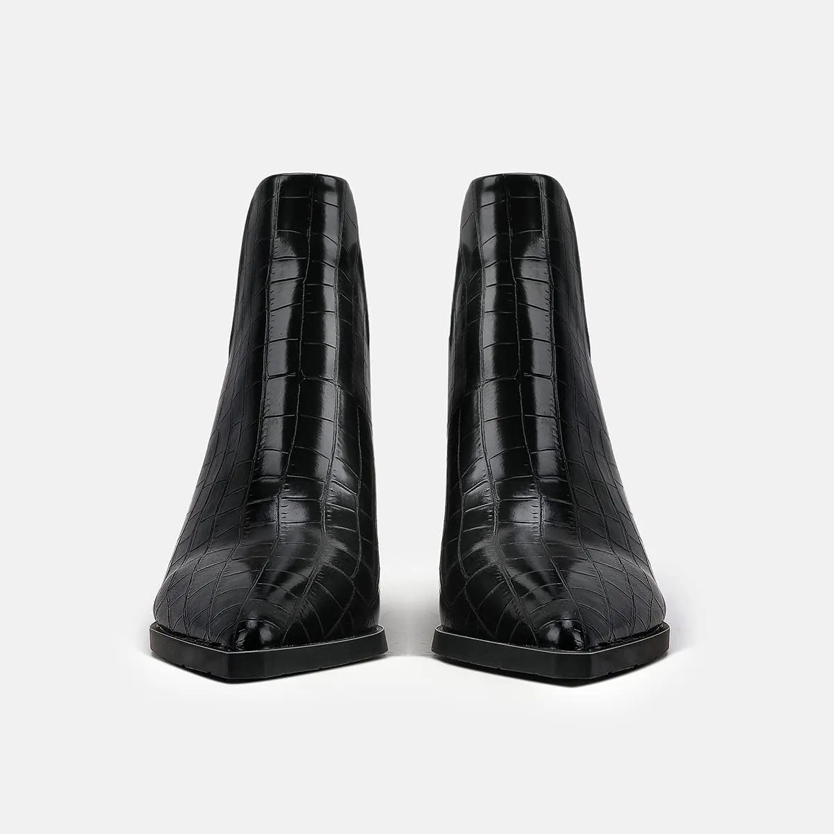 JOEupin Womens Ankle Boots Slip on Cutout Pointed Toe Crocodile Pattern Chunky Stacked Mid Heel Bootie