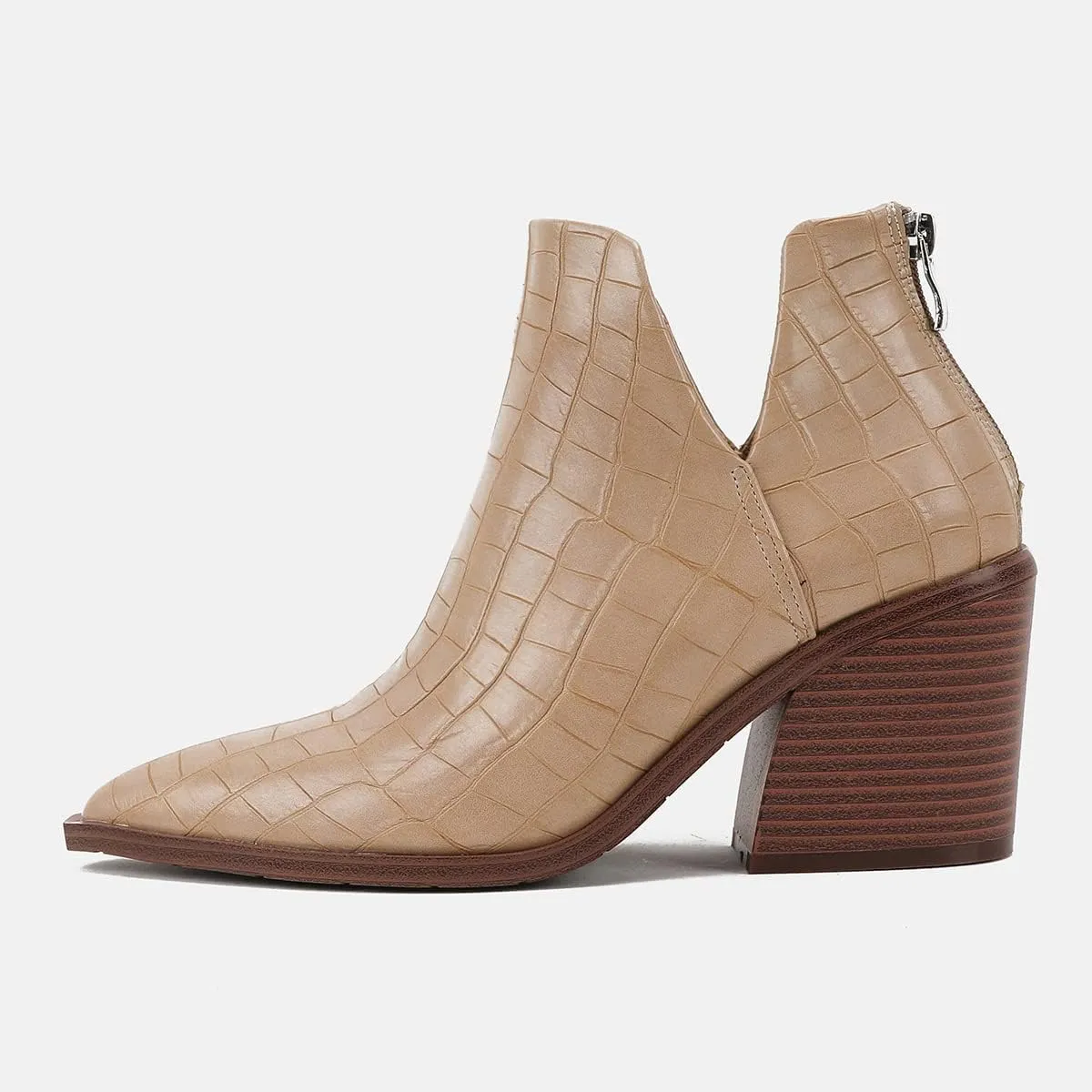 JOEupin Womens Ankle Boots Slip on Cutout Pointed Toe Crocodile Pattern Chunky Stacked Mid Heel Bootie