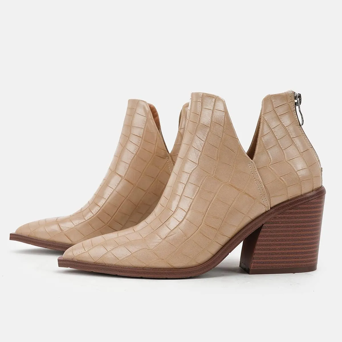 JOEupin Womens Ankle Boots Slip on Cutout Pointed Toe Crocodile Pattern Chunky Stacked Mid Heel Bootie