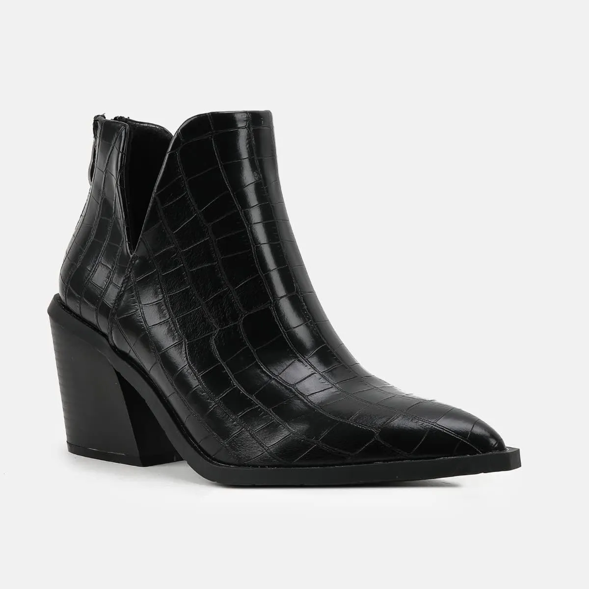 JOEupin Womens Ankle Boots Slip on Cutout Pointed Toe Crocodile Pattern Chunky Stacked Mid Heel Bootie