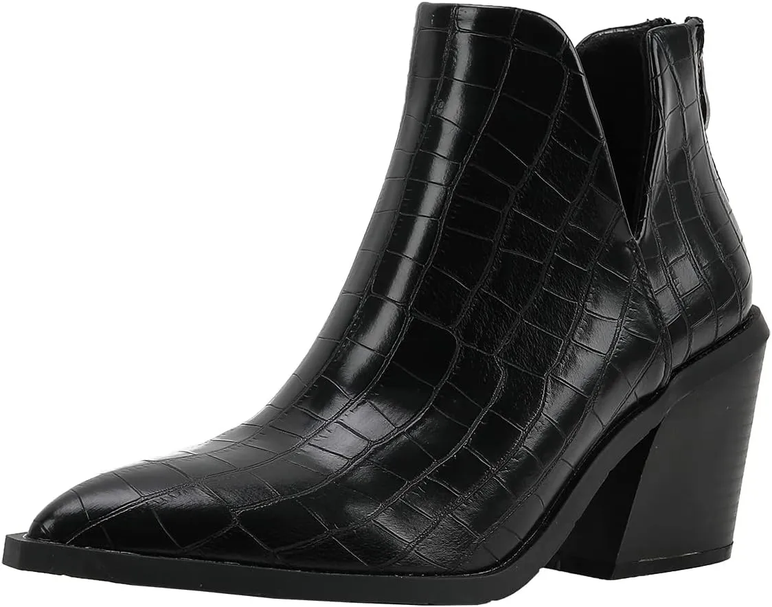 JOEupin Womens Ankle Boots Slip on Cutout Pointed Toe Crocodile Pattern Chunky Stacked Mid Heel Bootie