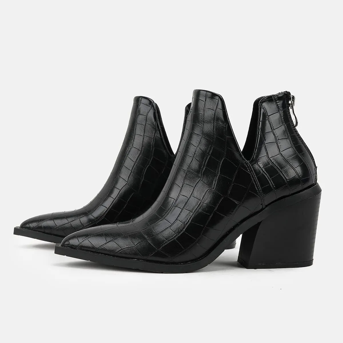 JOEupin Womens Ankle Boots Slip on Cutout Pointed Toe Crocodile Pattern Chunky Stacked Mid Heel Bootie