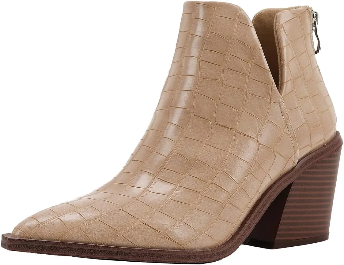 JOEupin Womens Ankle Boots Slip on Cutout Pointed Toe Crocodile Pattern Chunky Stacked Mid Heel Bootie
