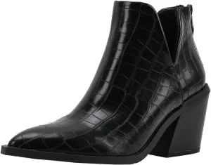 JOEupin Womens Ankle Boots Slip on Cutout Pointed Toe Crocodile Pattern Chunky Stacked Mid Heel Bootie