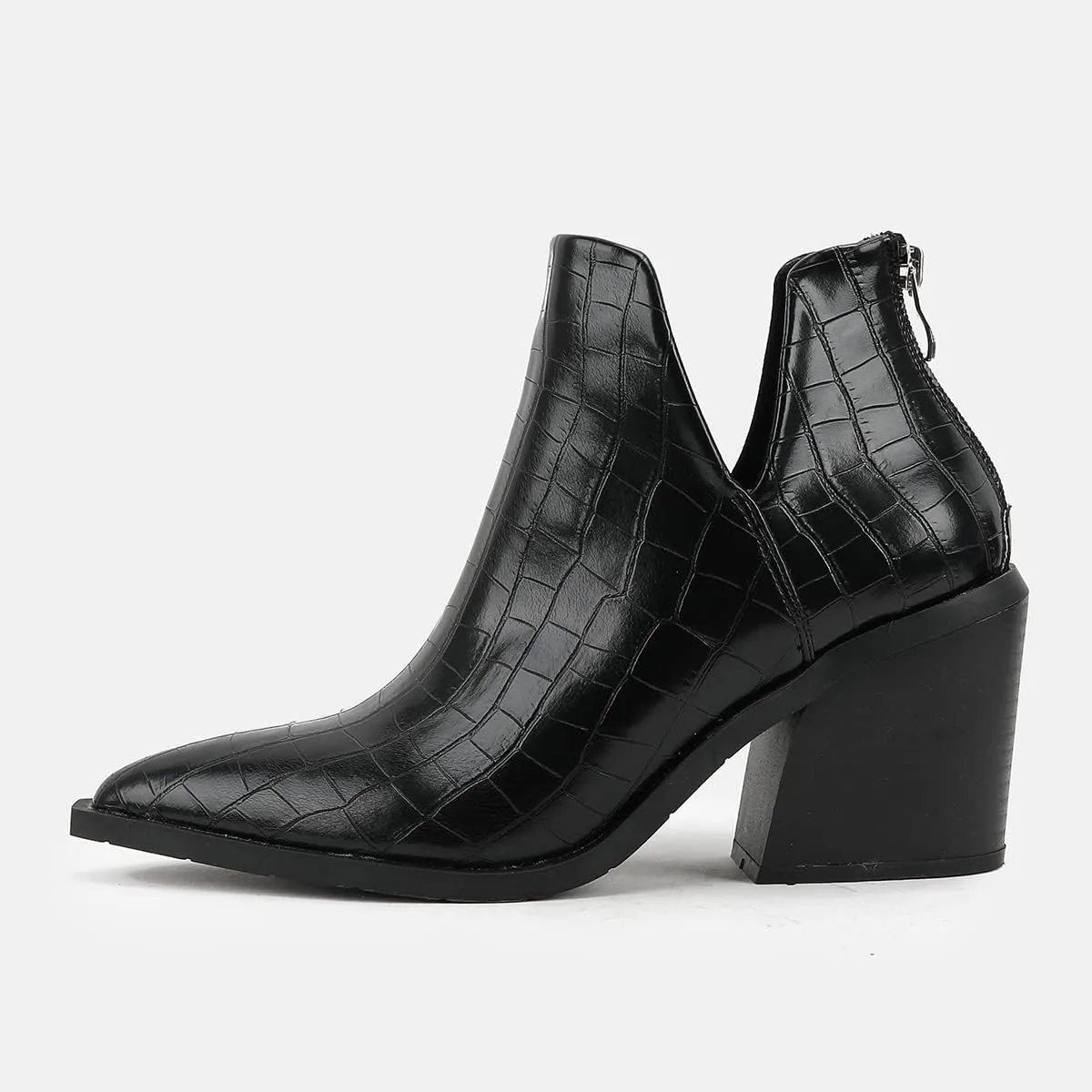 JOEupin Womens Ankle Boots Slip on Cutout Pointed Toe Crocodile Pattern Chunky Stacked Mid Heel Bootie