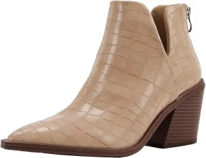 JOEupin Womens Ankle Boots Slip on Cutout Pointed Toe Crocodile Pattern Chunky Stacked Mid Heel Bootie