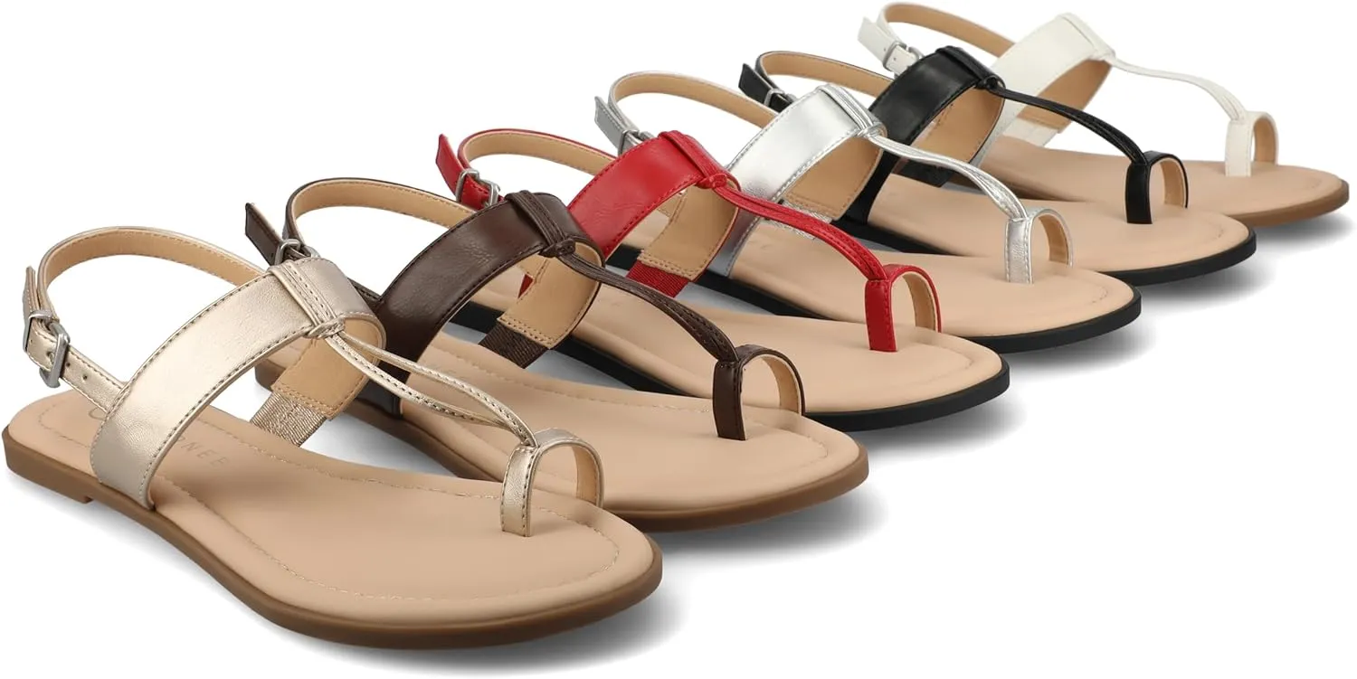 Journee Collection Womens Gerra T strap Toe Ring Sandals Open Round Toe Buckle Cushioned Flat Sole Summer Shoes