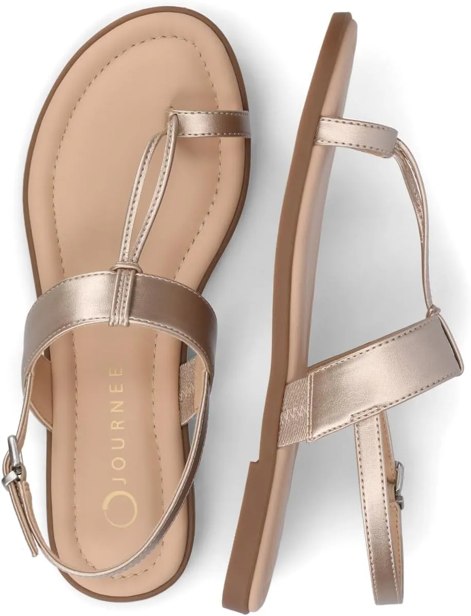 Journee Collection Womens Gerra T strap Toe Ring Sandals Open Round Toe Buckle Cushioned Flat Sole Summer Shoes
