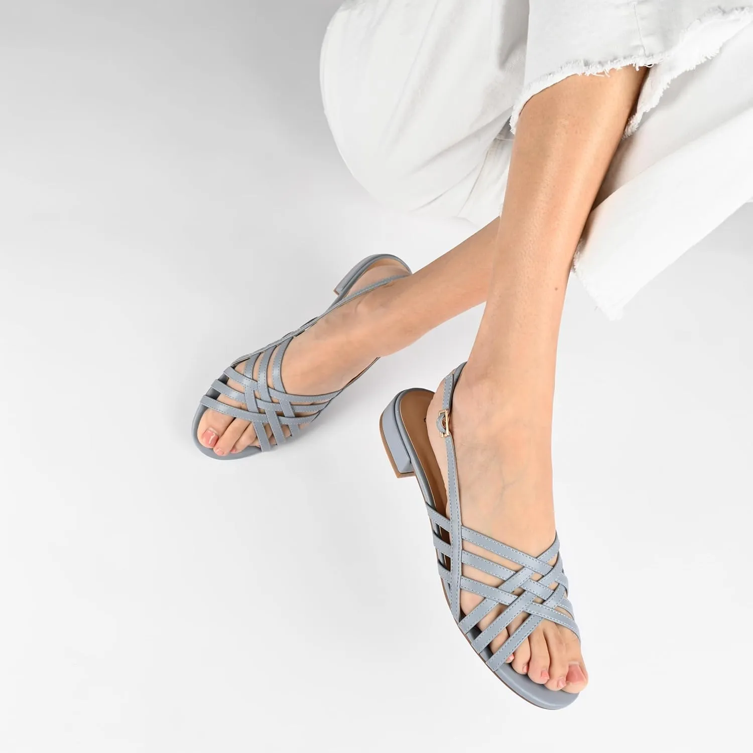 Journee Womens Woven Strappy Slingback Block Heel Buckle Ankle Open Round Toe Cassandra Comfort Sandals
